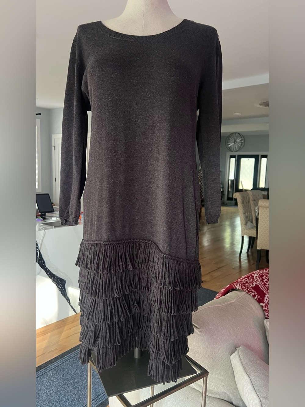 Calvin Klein Charcoal Long-Sleeve Fringe Hem Dress